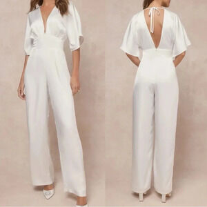 NWOT Lulus Radiant Passion White‎ Satin Dolman Sleeve Wide-Leg Jumpsuit
